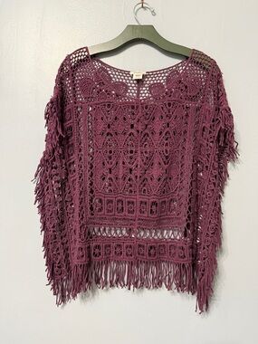 #18) Crochet Fringe Sweater Poncho - Plum